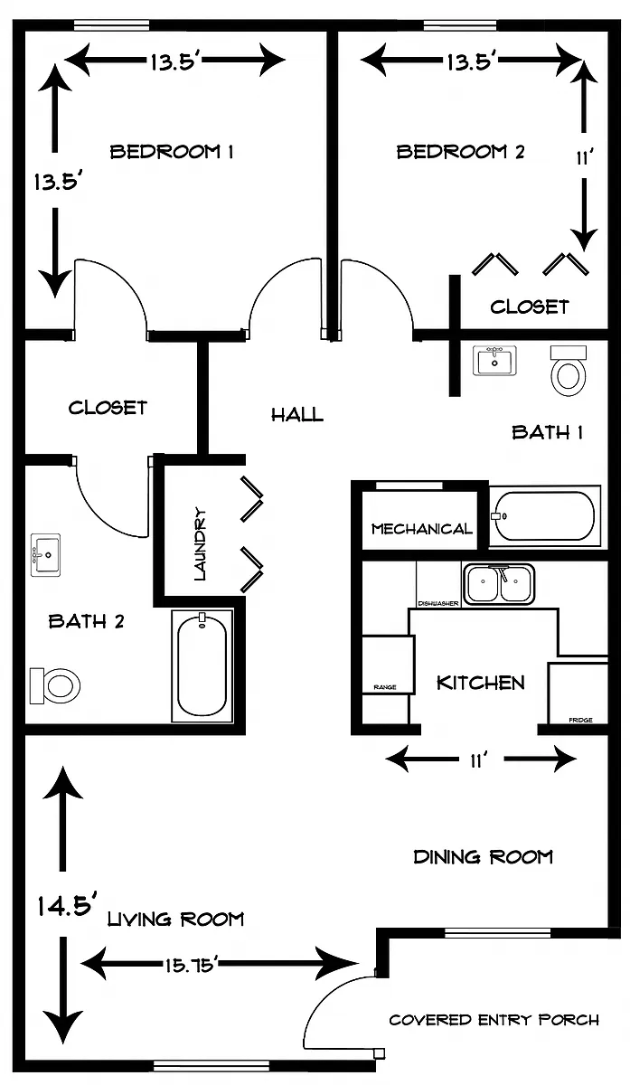 Floor plan 2 Bedroom 2 Bath Large