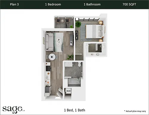 Floor plan 1 Bedroom, 1 Bath Plan 3