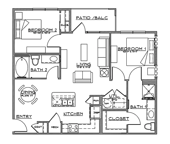 Floor plan B1 - 2 Bed | 2 Bath | 60