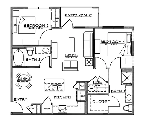 Floor plan B1 - 2 Bed | 2 Bath | 60