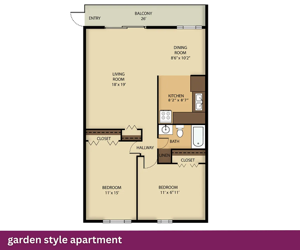 Floor plan Garden Style Apartment: 2 Bed + 1 Bath