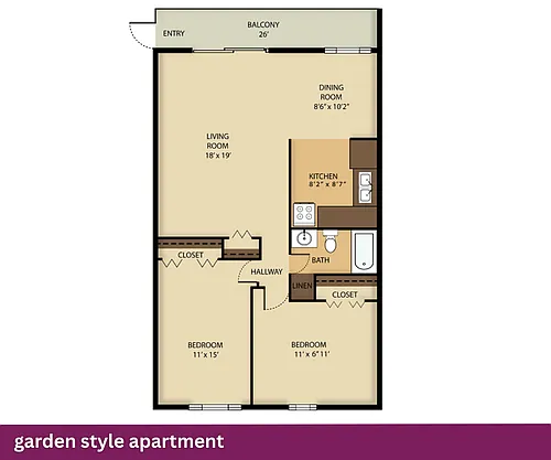 Floor plan Garden Style Apartment: 2 Bed + 1 Bath
