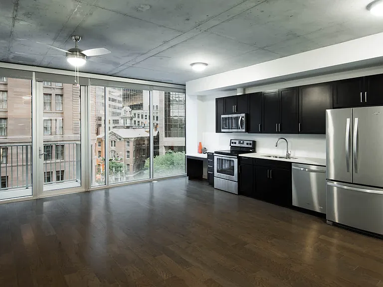 Kitchen and Living Room with Floor-to-Ceiling Windows