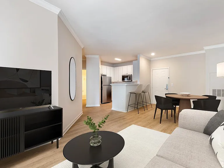 Classic I kitchen, living, and dining area with hard surface flooring
