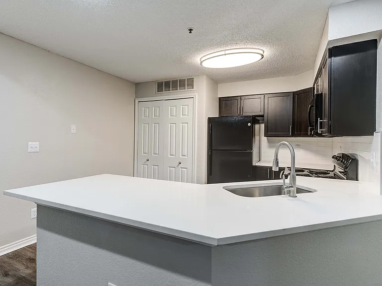 Modern kitchen with sleek black appliances, elegant dark cabinetry, and a stylish white quartz countertop island perfect for entertaining.