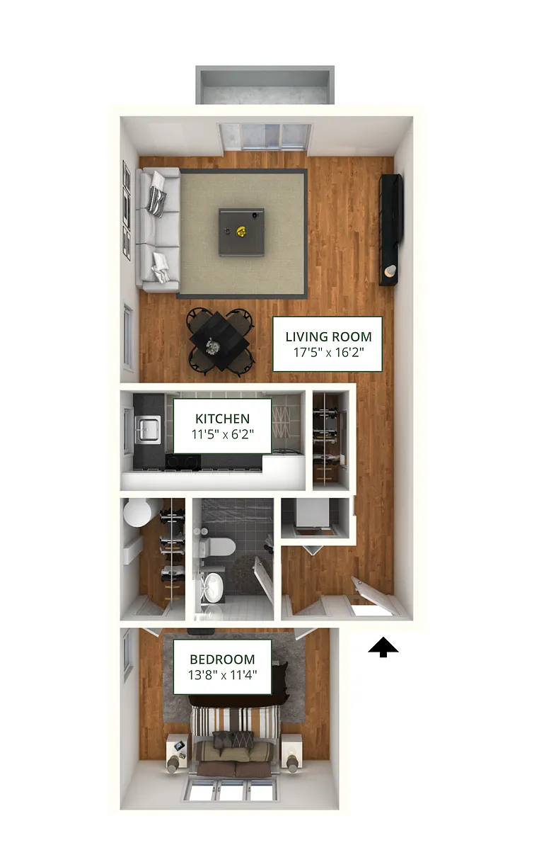 Floor plan 1BR 1BA (640 SF)