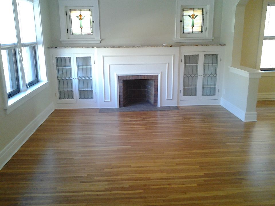 Living room with firplace and bookcases