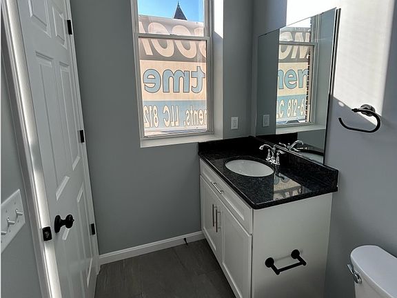 Bathroom with view of Gibson County Court House