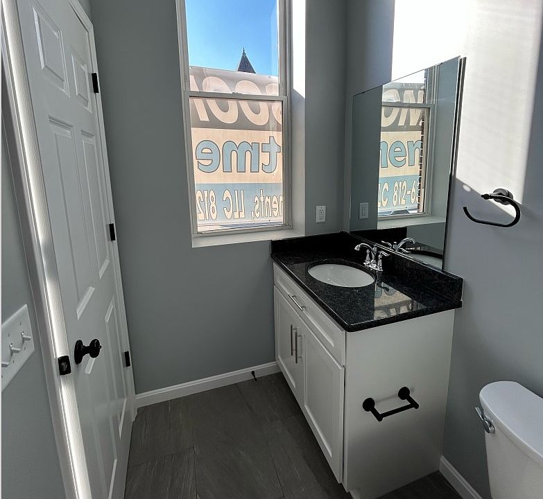 Bathroom with view of Gibson County Court House