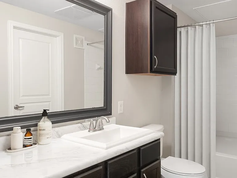 Bath with espresso cabinetry, quartz or granite countertop, and hard surface vinyl plank flooring