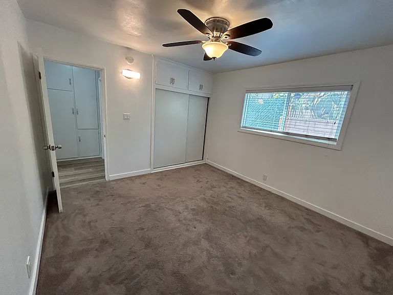 Bedroom with ceiling fan, carpet and natural light from window.