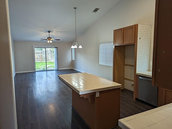 Kitchen, dining area, living room.