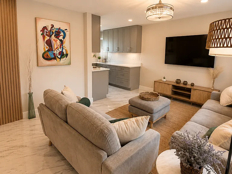 Bright open living space designed for relaxing after the beach, gathering with family, watching TV, or enjoying a comfortable long-term Naples stay.