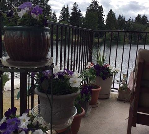 deck off living room with view of lake