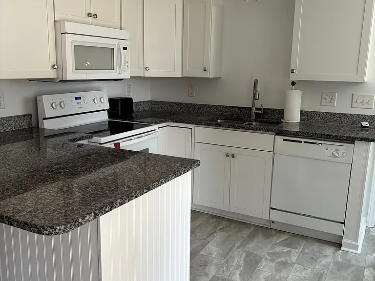 A full kitchen with dishwasher, microwave, and refrigerator.