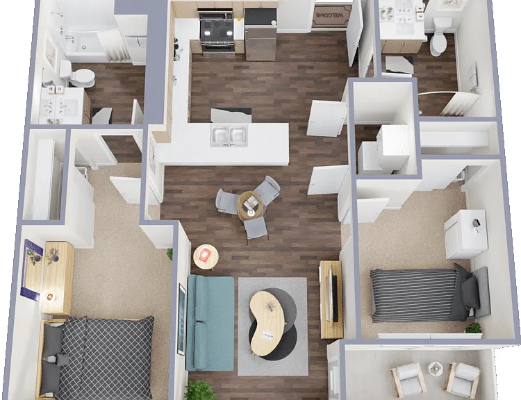 2 Bed 2 Bath Floorplan Diagram