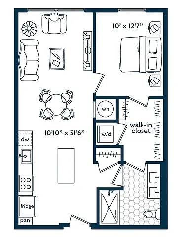 Floor plan One Bedroom One Bath (713 SF)