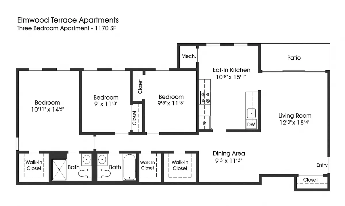 Floor plan 3BR 2BA (1170sf)