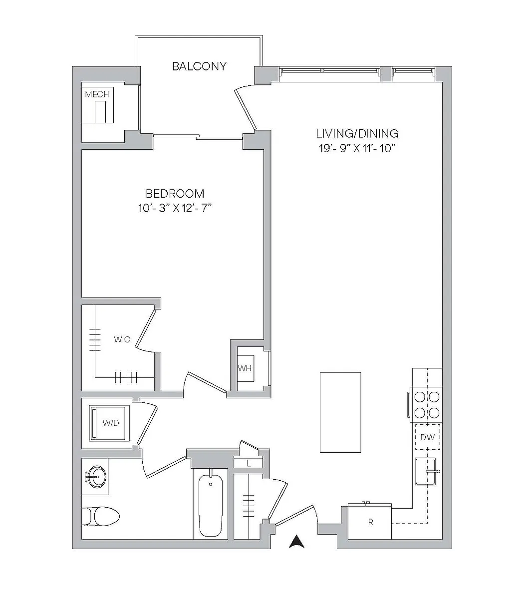 Floor plan A02 - 1BR 1BA (799 SF)