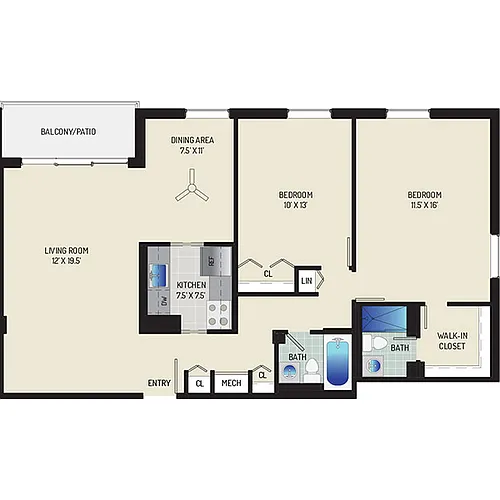 Floor plan 2 Bedrooms + 2 Baths