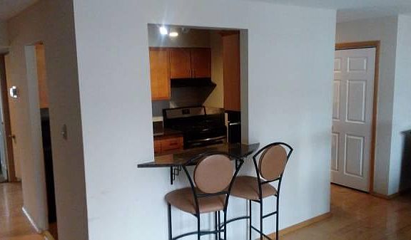 Kitchen has bar counter with 2 custom stools
