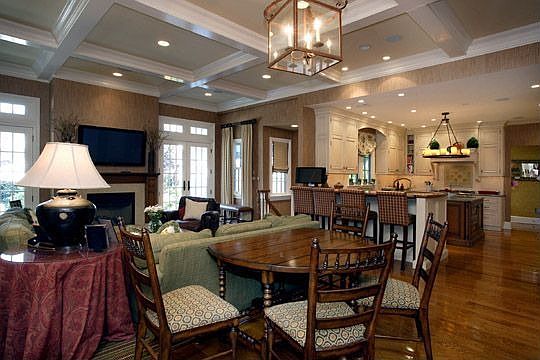 Great Room w/ 11 ft coffered ceiling,