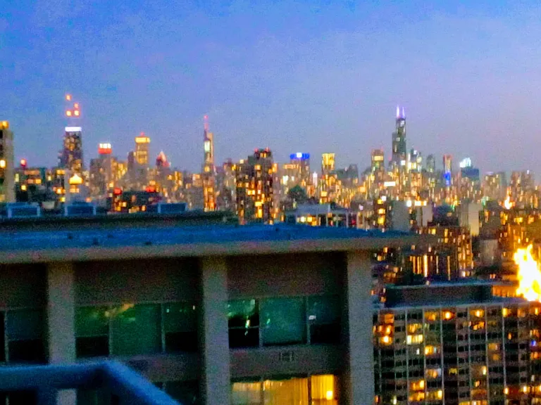 South view of the skyline from the rooftop at dusk