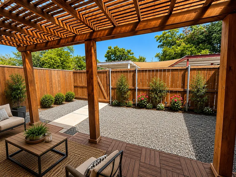 Patio with trellis cover and totally fenced backyard!