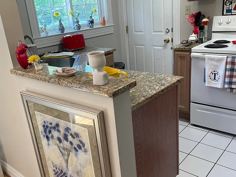 Small but efficient kitchen . Comes with a stove, fridge and dishwasher. The door opens in to the internal enclosed back stairwell.