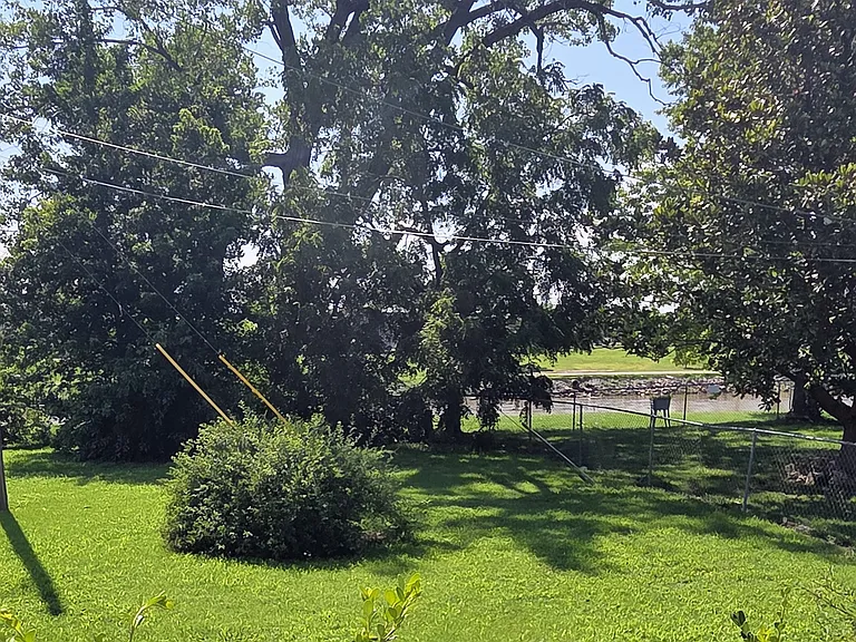 large, fenced backyard with view to river / bike path