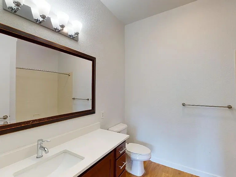Apartment bathroom with wood-style flooring.
