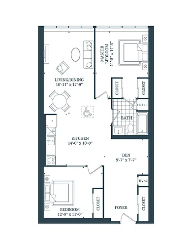 Floor plan 2 Bedroom + Den 2 Bed 1 Bath 2