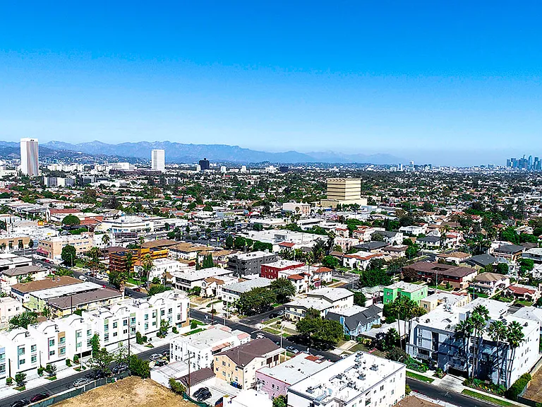 Aerial drone shot of the building and Pico Fairfax neighborhood.