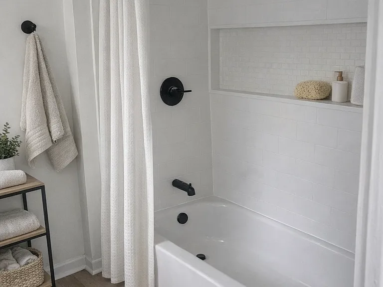 Clean bathroom with updated fixtures and tub/shower combination