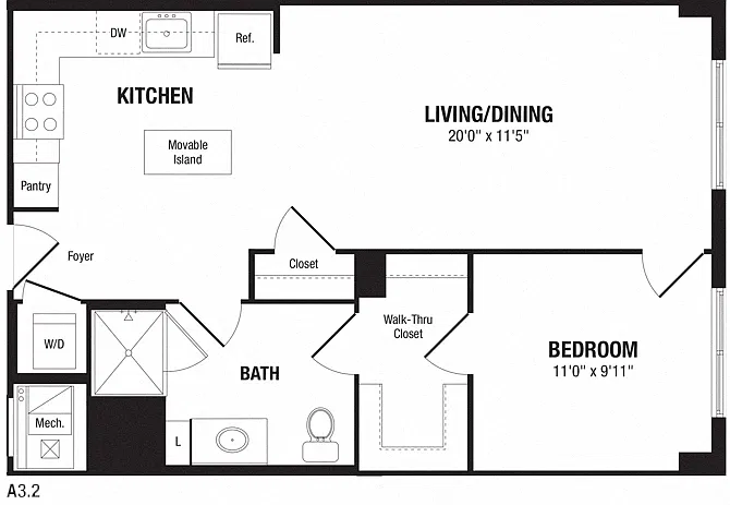 Floor plan 1 Bedroom, 1 Bath 732 SF A32