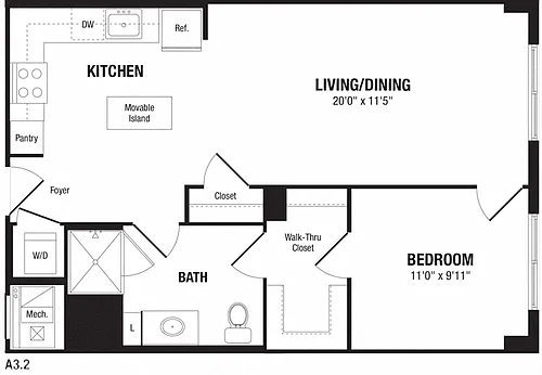 Floor plan 1 Bedroom, 1 Bath 732 SF A32