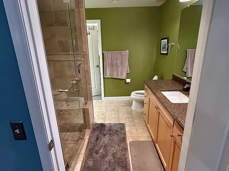 Luxury bathroom with stone steam shower and tons of countertop space with storage underneath.