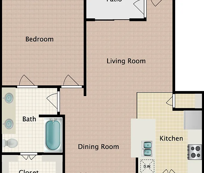 1 Bed 1 Bath Floorplan Diagram