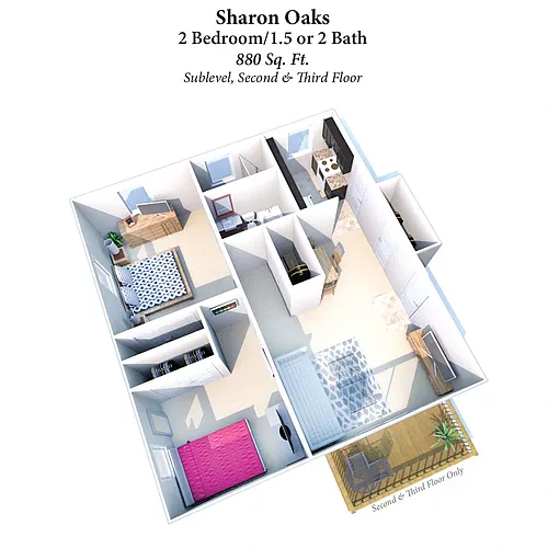 Floor plan 2B/2B Sharon Oaks 880 SqFt