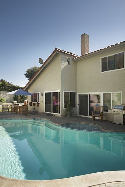 private / low maintenance back yard with pool and spa