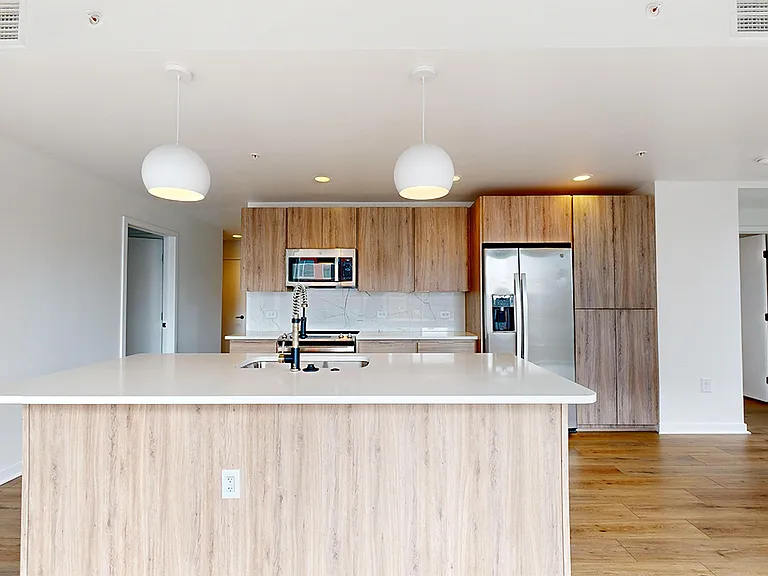 Apartment kitchen with stainless steel appliances, quartz countertops and wood-style flooring.