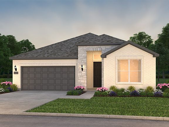 The Prestige, a one-story home with 2-car garage, shown with Home Exterior TR201