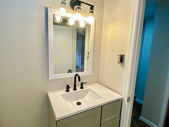Renovated bathroom with gray vanity sink and LVP flooring