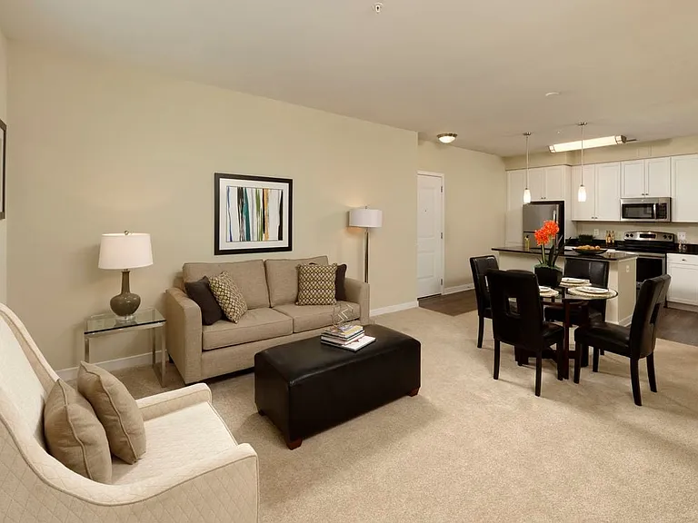 Living and dining area with carpeted flooring and open concept kitchen with white shaker cabinetry and hard surface flooring