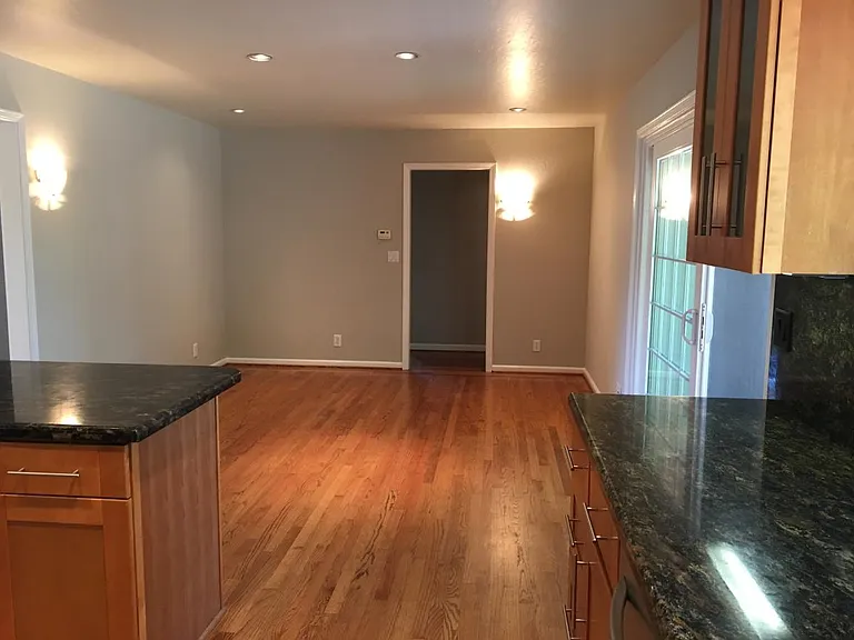 Dining room with dimmable lighting.