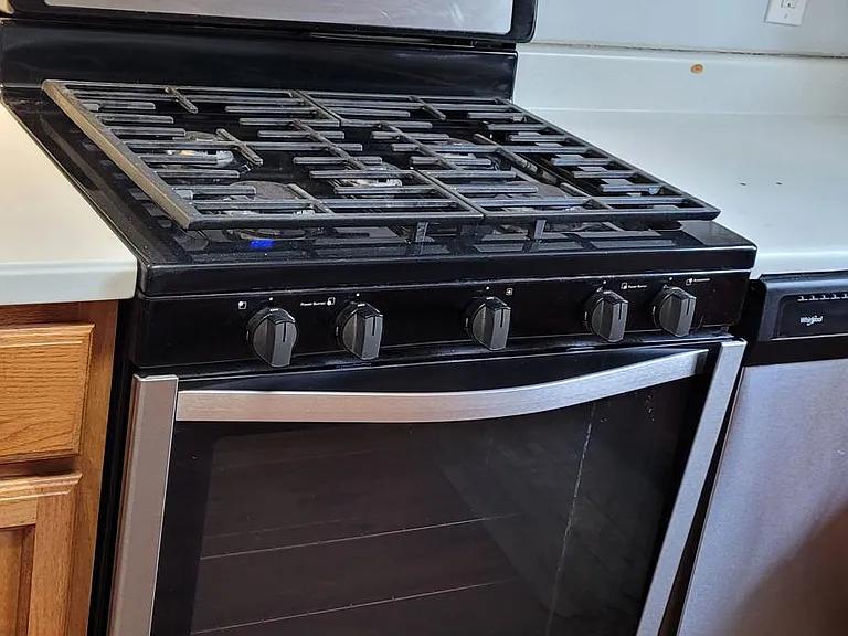 Gas Stove with stainless vent hood.