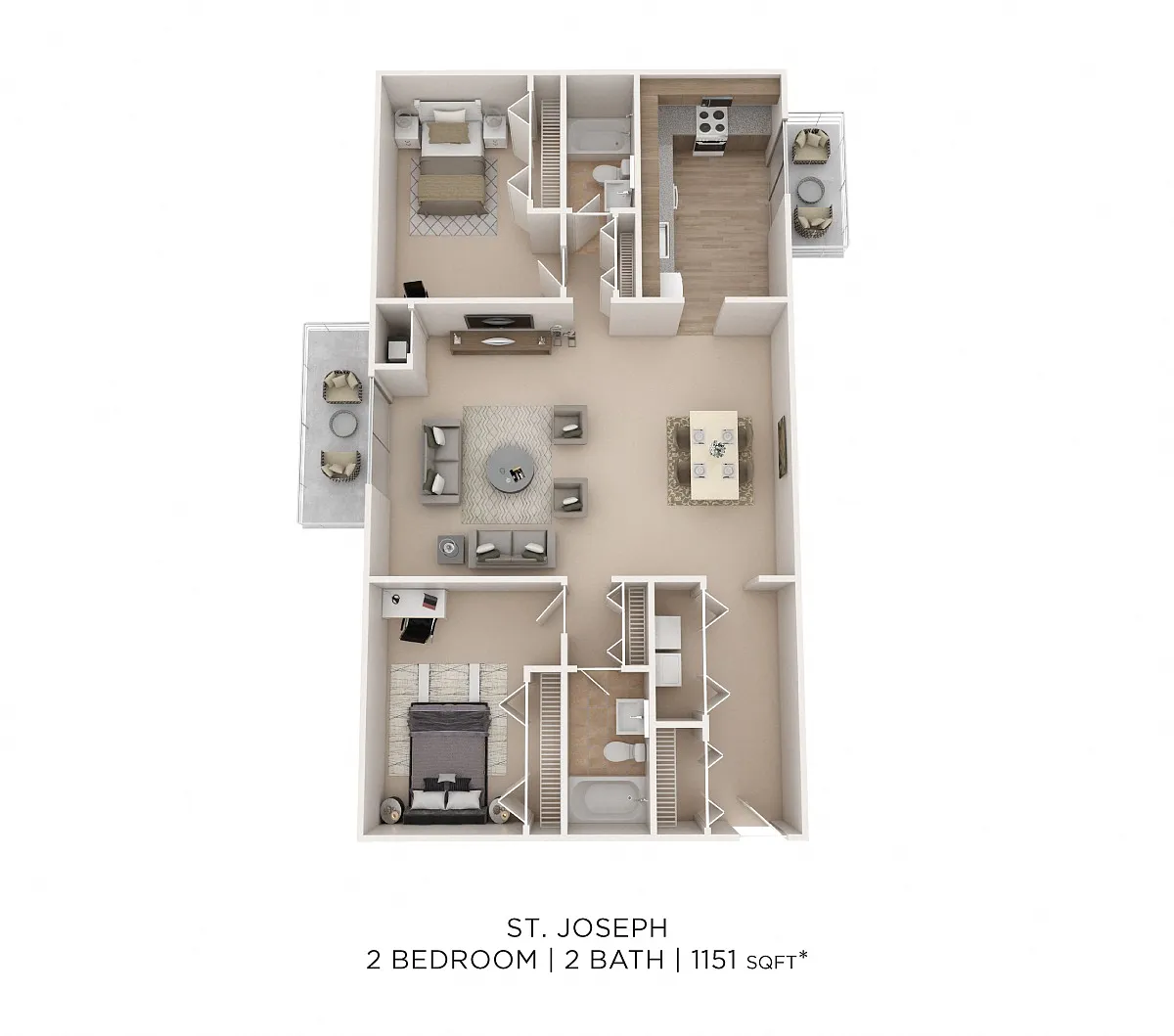 Floor plan Two Bedroom 2 Bath- 1151 sqft