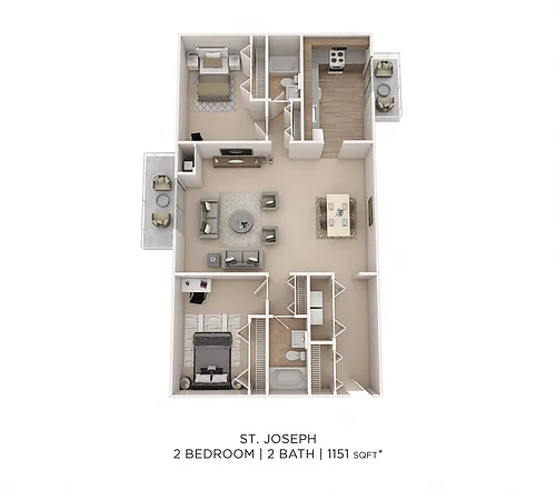 Floor plan Two Bedroom 2 Bath- 1151 sqft