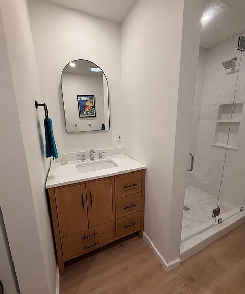 Vanity and mirror, mirror is a medic cabnet for more storage