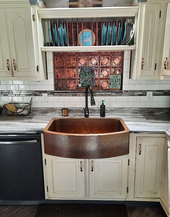 Copper farm sink & plate rack